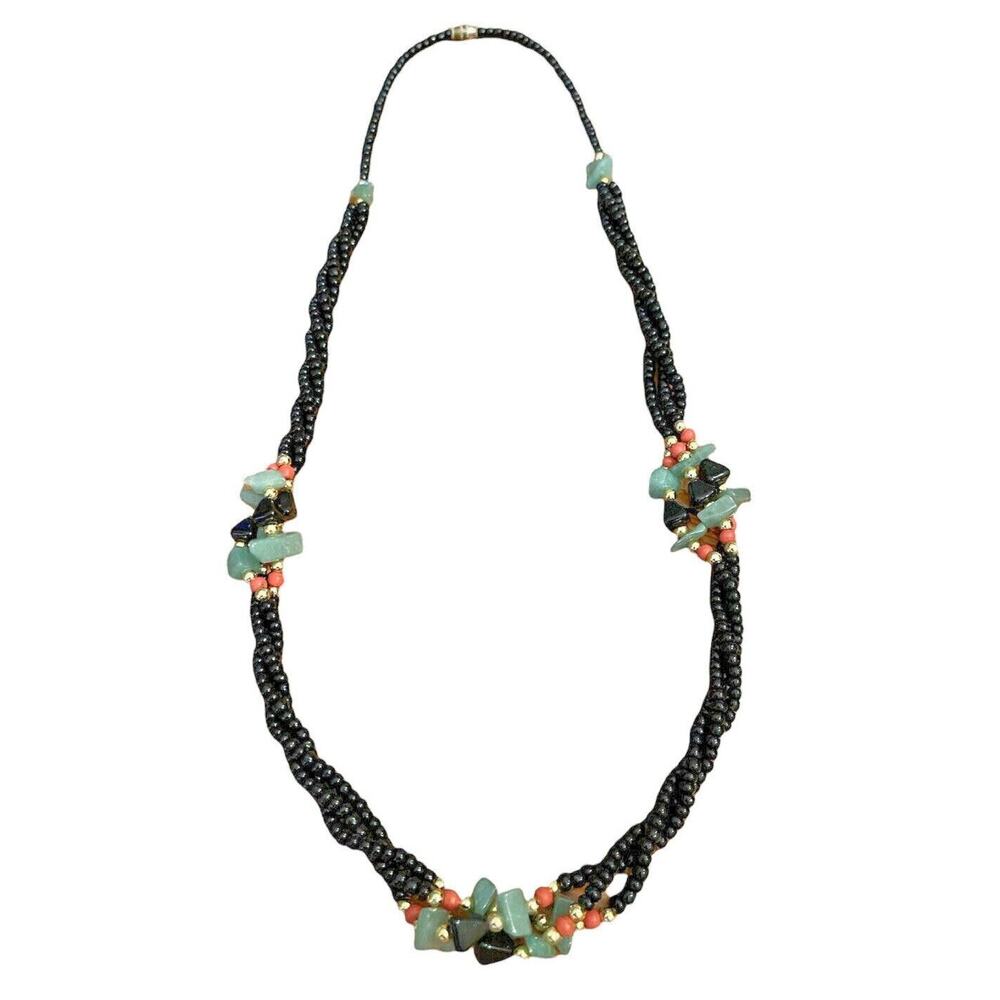 27 1/2"‎ Estate Small Beaded Necklace Black Green Coral Screw Closure